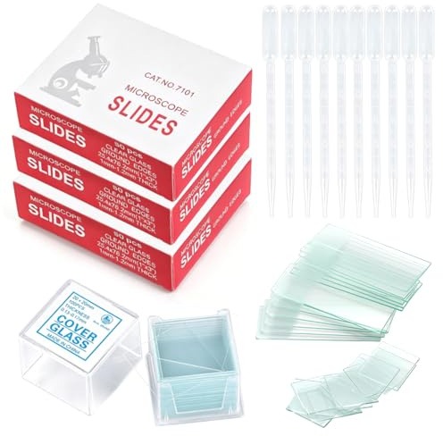 150 Pcs 76.2 * 25.5mm Pre-Cleaned Microscope Slides and 300 Pcs 20 * 20mm Pre-Cleaned Microscope Cover Glasses With 10 Pcs 3ml Plastic Droppers for Laboratory Research