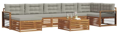 vidaXL Sofagarnituren 8 pcs Natürlich und Hellgrau Massivholz Akazie, Garten Ecksofa Set, modernes Outdoor-Möbel, strapazierfähig, zum Chillen am Pool, für die Terrasse