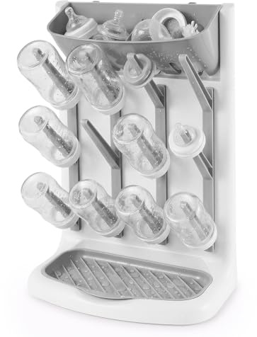 Baby Bottle Drying Rack, Kitchen Bottles Rack Dryer with Detachable Bottom Drip Tray Space Saving, Vertical Standing Plastic Countertop Organiser Up to 12 Bottles for Newborn Feeding Essentials(grey)