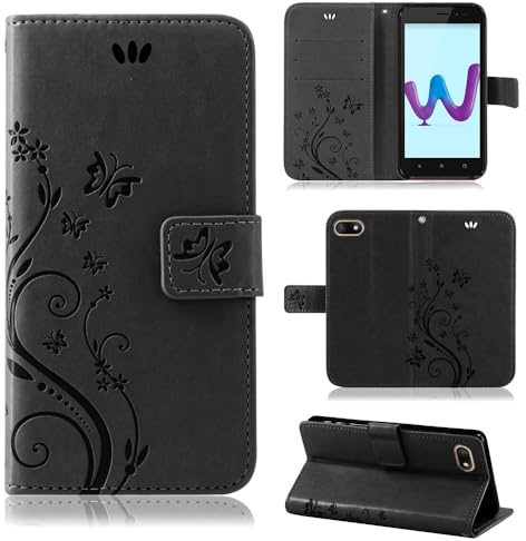 betterfon Hülle Kompatibel mit Wiko Sunny 3 | Premium PU Leder Handyhülle Wallet Case für Sunny 3 | Schutzhülle Blumen Klapphülle Handyhülle | Schwarz