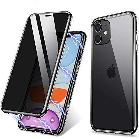 ZHIKE iPhone 11 Hülle, Anti-Peep Magnetic Adsorption Hülle Vorne und Hinten Gehärtetes Glas Vollbild-Abdeckung Einteiliges Design Flip Privacy Cover für Apple iPhone 11(Anti-Spion-Klar Schwarz)