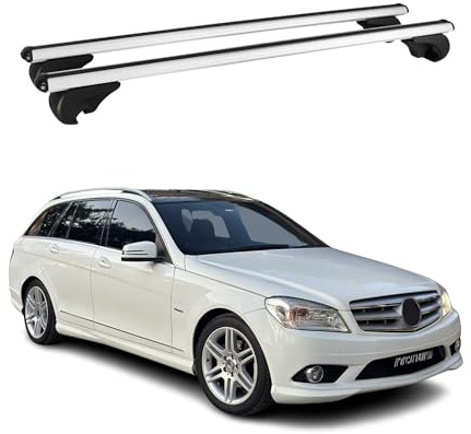 OMAC Aluminium Dachträger Querträger für Mercedes C Klasse S204 2007-2014 – TÜV/DIN 75302:2019 – Abschließbar – Max. 75 kg – 2 Stangen Silber