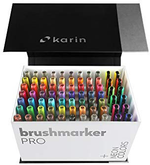 KARIN Mega Box PLUS - 72 Farben + 3 Blender, Brushmarker PRO - Brushpens auf Wasserbasis geeignet zum Malen, Zeichnen und Handlettering, mehrfarbig, NEON-Farben enthalten 27C13, 75 Stück (1er Pack)