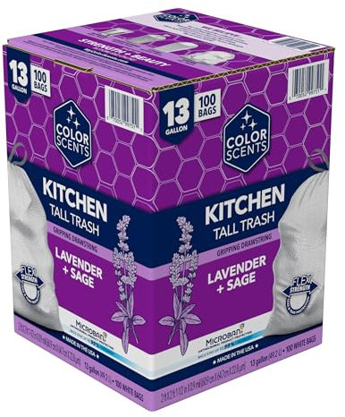 Color Scents Tall Kitchen Trash Bags - 13 Gallon, 100 Count (Pack of 1) Drawstring, Fresh Lavender Breeze Scented