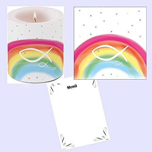 20 Servietten + Kerze Kommunion | Konfirmation | Taufe | Regenbogen bunt | Fische + Menükarte