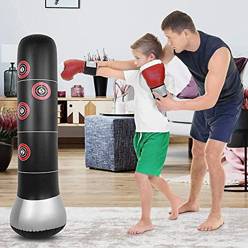 Kinder Boxsack Training, 145 cm Tumbler Sandsack mit 2 Fächern aufblasbarer und Faltbarer Box-AAC für Training Karate Taekwondo Jungen & Mädchen
