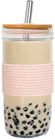 ANOTION 24oz Wide Mouth Mason Jar Drinking Glass With Bamboo Lid, Straw, and Silicone Sleeve - Pink