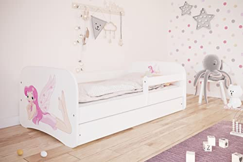 Bjird Kinderbett Jugendbett 70x140 80x160 80x180 Weiß mit Rausfallschutz Matratze Schublade und Lattenrost Kinderbetten für Mädchen und Junge - Fee mit Flügeln 180 cm