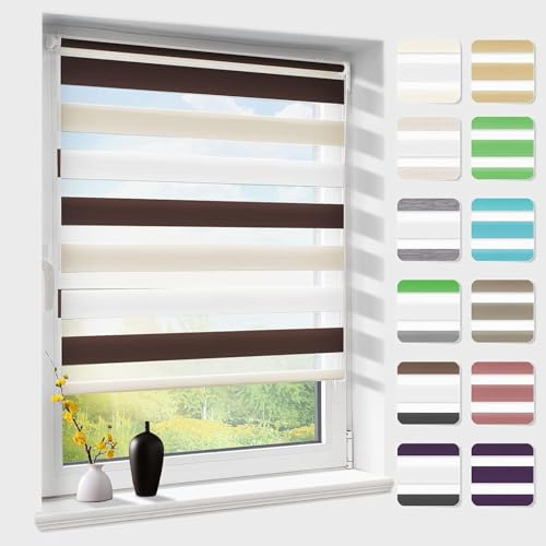 Doppelrollo klemmfix ohne Bohren, Duo Rollos für Fenster & Tür mit Bohren, Weiß Creme Braun B40 x H150cm (Stoffbreite 40 cm), Fensterrollo lichtdurchlässig & verdunkelnd, Klemmrollo Sonnenschutz