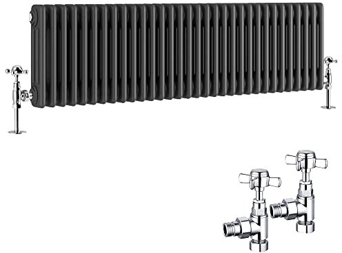 NRG Traditional Radiator 300 x 1460mm Horizontal Cast Iron Radiators Central Heating Anthracite Triple Column with Angled Pair of Valves