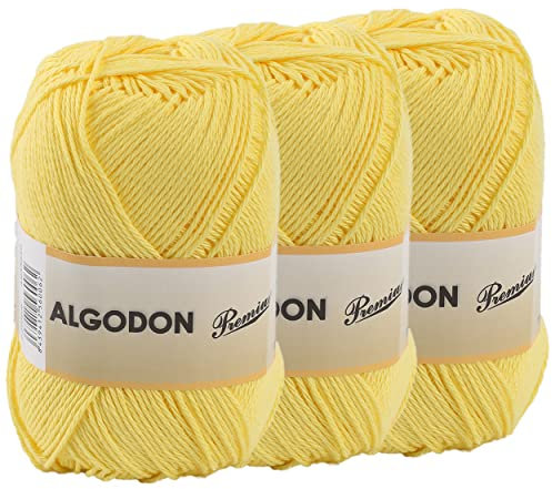 Baumwollgarn 100% Baumwolle 220 Meter zum Stricken und Häkeln, Packung mit 3 x 100g, Farbe Gelb