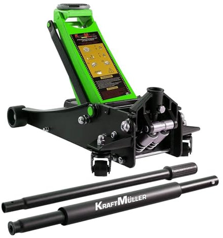 Gef-roy Cric hydraulique Kraft Müller professionnel 2, 25T, Haut. levage 49, 5cm, Levée rapide grâce au système à double-pompe, Noir/Vert