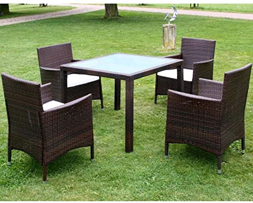 Gecheer 5-TLG. Garten Essgruppe, Terrassenmöbel Set 4 Personen, Sitzgruppe Esstisch mit Glas-Tischplatte & 4 Rattan-Stühle mit Sitzkissen, Gartenmöbel Set Braun