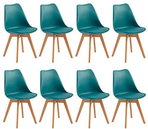 H.J WeDoo Set mit 8 skandinavischen Esszimmerstühlen, skandinavischer Stuhl mit Kissen aus Leder, Türkis & Massivholz, Türkis