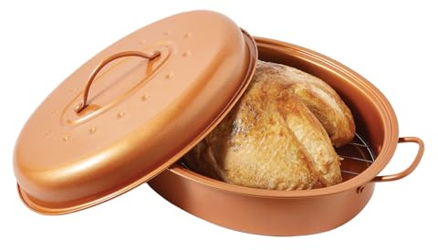 Coopers of Stortford Large Copper King Oval Roaster with Lid Non Stick Carbon Steel Roasting Tin 48 x 33 x 9.5cm