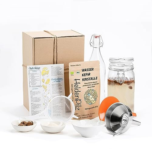 Wasserkefir Starterset- DIY Kefir Kit - Original Kefirpilz im Rundumsorglospaket mit aktiven Japankristallen - WACHSTUMSSTARKE Kefirkultur zum perfekten Start (Kefir Premium Set)