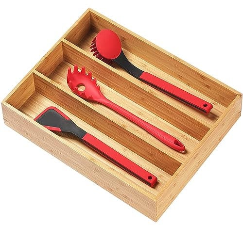 Umilife Bamboo Kitchen Utensils Organizer, 13 Inch Drawer Dividers for Silverware, Extra Deep Holder, with Non-Slip Feet, Wood Caddy for Flatware Cutlery