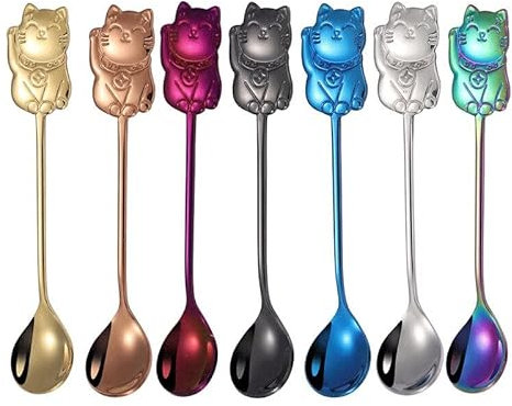 Cuchara de té 7 piezas Mini cuchara creativa de acero inoxidable 304, Cucharadita de gato lindo encantador Café Postre Merienda Cucharas de helado Vajilla de cocina Cucharas de café little surprise