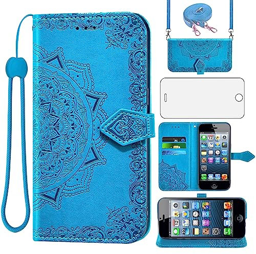 Asuwish Mobile Phone Case for iPhone 5S/5/SE 2016 Case with Strap and Glass Film Protective Film Card Slot Foldable Leather Wallet Stand i 5SE 1 S SE2016 1st Generation Mobile Phone Cases Protective