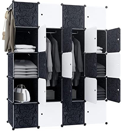 JOIEYOU Kleiderschrank, Wardrobe aus Kunststoff, DIY Garderobenschrank 20 Würfel, Regalsystem Schlafzimmerschrank – Schwarz, 145 x 37 x 178 cm