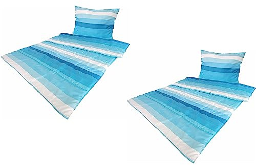 MB Warenhandel24 Bettenset 2X Bettdecke ca. 135x200 cm und 2X Kopfkissen ca. 80x80 cm Bettwäsche Bedruckt Allergiker Steppbett & Kopfkissen Bezug 100% Polyester (Blau gestreift)