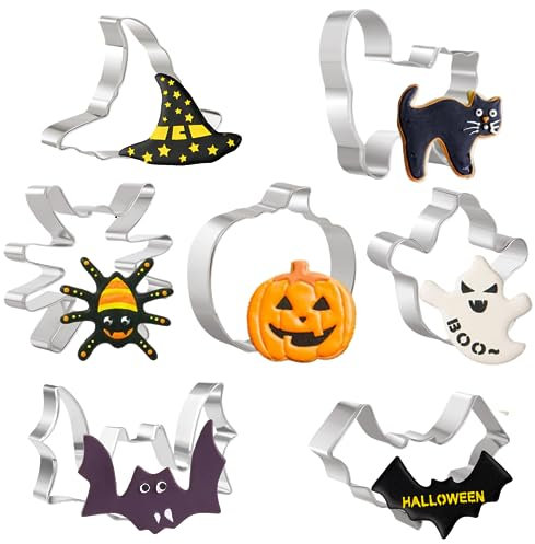 Juego de cortadores de galletas de Halloween, 7 piezas de formas de cortador de galletas de Halloween, fantasma, murciélago, calabaza, gato, sombrero de bruja, araña, cortador de galletas de