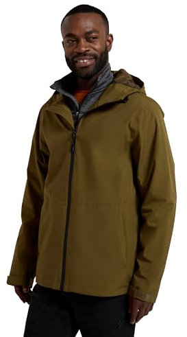 Mountain Warehouse Covert Mens Waterproof Jacket - Lightweight Rain Jacket, Breathbale Coat, Taped Seams, Adjustable Hood - Best for Travelling, Trekking, Hiking Dark Khaki L
