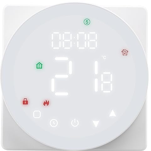 Wengart Termostato per riscaldamento a pavimento WG908, pulsante touch AC230V 5A, programmazione settimanale, display rotondo a colori, adatto per impianti di riscaldamento dell'acqua, bianco