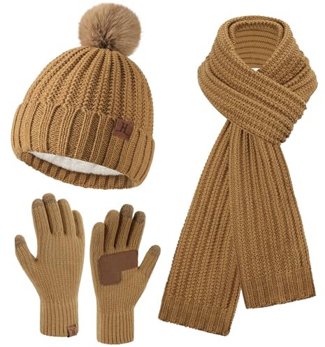 Damen Winter Warm Mütze Lang Schal Touchscreen Handschuhe Set, Wintermütze Beanie Strickmütze mit Bommel Schals Rutschfeste Winterhandschuhe mit Fleece Gefütterte Geschenk Frauen, Braun