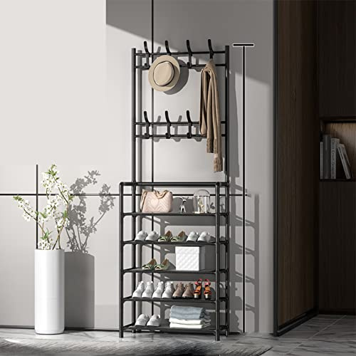 Moderner Garderobenständer, Standgarderobe, Schuhregal und Kleiderbügel für Den Eingangsbereich, Flurbaum mit Schuhbank, Aufbewahrungsregal Zum Aufhängen von Kleidung und(60 cm, 5-lagig, Schwarz)