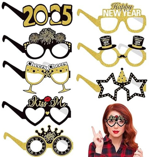 8 Stück Frohes Neues Jahr Brille, 2025 Silvester Deko, Silvester Party Foto Zubehör, Papier Neujahr Party Brillen, Schwarz Gold Happy New Year Brillen, Silvester Foto Requisiten Neujahr Deko Zubehör