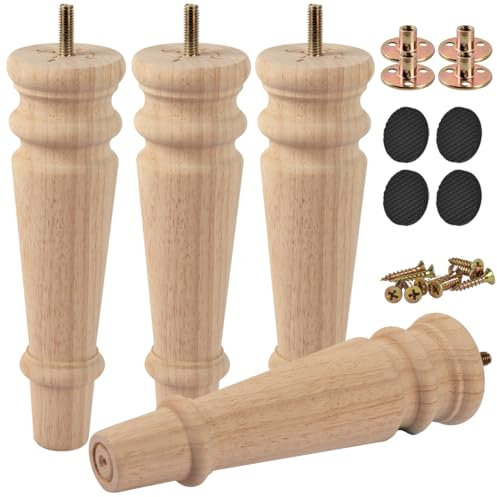 Btowin Lot de 4 pieds de meubles en bois massif brut de 20 cm avec boulons de suspension filetés M8, plaque de montage et vis pour canapé, chaise, ottomane