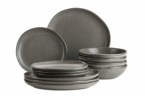 MÄSER 934008 Serie Marlena, Modernes Vintage Geschirr-Set für 4 Personen, 12-teiliges Tellerset mit edel glänzender, grauer Glasur mit weißen Sprenkeln, Steinzeug, grau