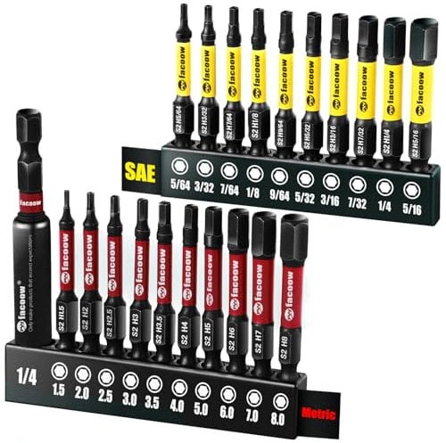 Facoow Sechskant-Bit-Satz, S2 legierter Stahl Sechskant mit magnetischen Spitzen, 1/4 Sechskant-Schaft 2,mit 2,3“ Sechskant-Verlängerung, Präzisions-CNC-Bearbeitung, 20+1 Pack(Metrisch&SAE)