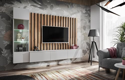 Com4t-Style Verty Floating TV Unit with LED Lighting in Artrisan/Perla Grey 220x148x35 cm TV Wall Panel Cabinets TV Stand Living Room Furniture Set