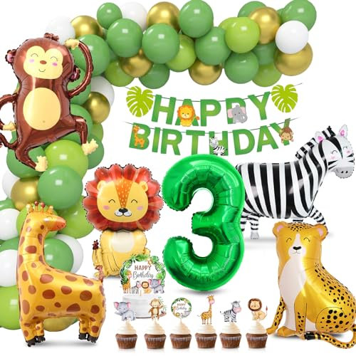 Dschungel Deko 3. Geburtstag, Wild Three Luftballon, Folienballon Waldtiere, Ballons Grün Tortendeko Tiere, Safari Geburtstagsdeko für Mädchen Junge
