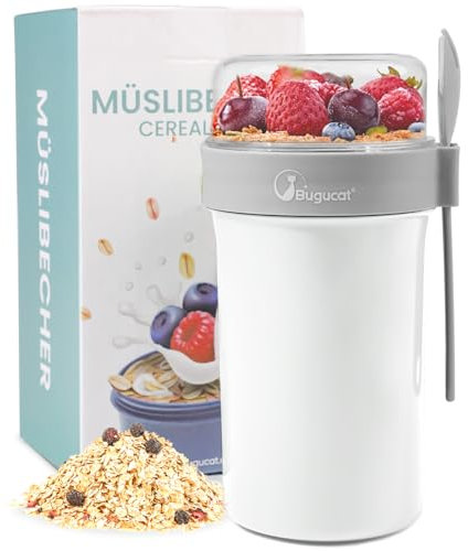 Bugucat Müslibecher to Go 760ml+230ml,Praktischer Joghurtbecher to Go Müsli to Go Becher mit Löffel,Auslaufsicherer Müslibecher Müsli Cup to Go Becher,Müslibox to Go Müsli Becher to Go kinder,Weiß