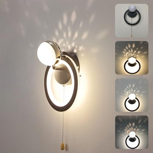 LED Innen Wandleuchte mit Zugschalter Dimmbar Wandlampe Moderne Nachttischlampe 360° Schwenkbar Wandspot Sternenhimmel Design Nachtlichter für Kinderzimmer Schlafzimmer Wohnzimmer Wandbeleuchtung