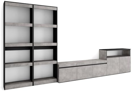 Skraut Home | Wohnwand Wohnzimmer | Wohnzimmermöbel, Möbelset | 370x186x35cm | Für TV-Geräte bis zu 65 | Wohnzimmer Möbel | Moderner Stil | Zement