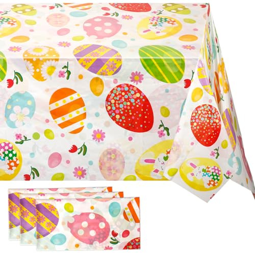 3 Stück Ostereier Tischdecke, 137x274cm Rechteckig Kunststoff Tischdecke Farbig Eierdruck Ostertischdecke Tischdeckendekorationen für Ostern Picknick Frühlingspartys