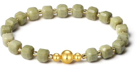MetJakt Handgemachtes Stretch Armband mit 6MM Echtes Naturstein Würfel Design und 18k Vergoldete Kugel Edelstein Perlenarmband für Damen und Herren (Avocado-Jaspis -Vergoldet)