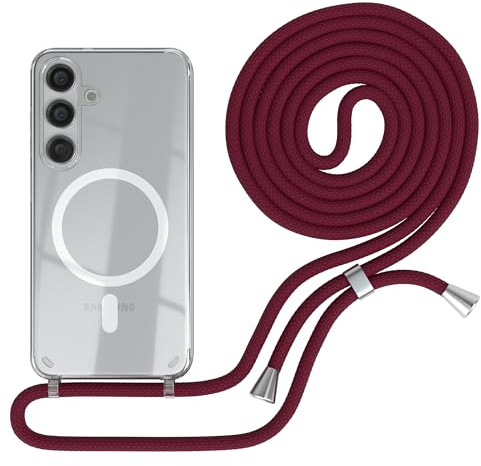 EAZY CASE - Handykette kompatibel mit Samsung Galaxy S24 Kette zum Umhängen Stoßfest Handyhülle für Galaxy S24 Silikon Hülle mit Band Handytasche Transparent als Fallschutz in Burgunder Rot