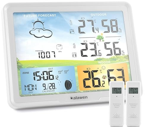 Kalawen Stazione meteo radio con due sensori esterni, display digitale a colori, DCF, termometro per interni ed esterni, stazione meteo radio, con previsioni meteo, barometro e fase lunare (bianco)