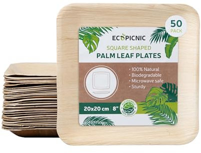 ECOPICNIC 50 Stück Palmblatt Teller 20x20cm 8’’ | quadratische kompostierbare Einwegteller, nachhaltiges Einweggeschirr für Grillpartys, Picknicks und Geburtstagsfeiern
