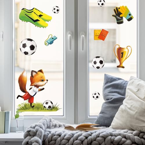Wandtattoo Loft Fensterbild Kinderzimmer Junge Fussball Motiv – A3 Bogen Wiedervendbar – Fensterdeko Kinderzimmer, Fußballspieler, Fußballnetz, Pokal, Deko Kinderzimmer Jungen, Fensteraufkleber