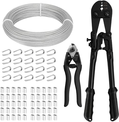 TooTaci Corda metallica in acciaio inox, 30 m, in acciaio inox, con strumento di crimpatura, taglierino, cavo aeronautico, 7 × 7 fili, cavo in acciaio per ringhiera, luci appese, filo per biancheria