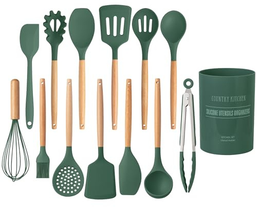 Country Kitchen Non Stick Silicone Utensil Set with Rounded Wood Handles for Cooking and Baking, 14 Piece Set, Green