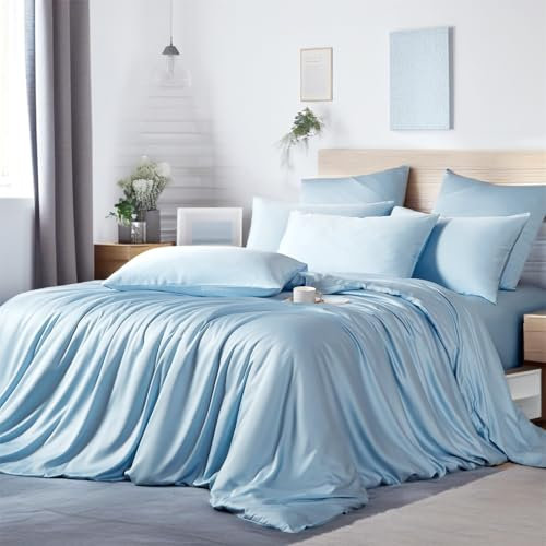 Boqingzhu Bambus Bettwäsche 200×200 cm Blau Himmelblau Sommer Kühlend Doppelbett Luxus Lyocell Seide Bettwäsche Set Bettbezug mit Reißverschluss und 2 Kissenbezüge 80x80cm