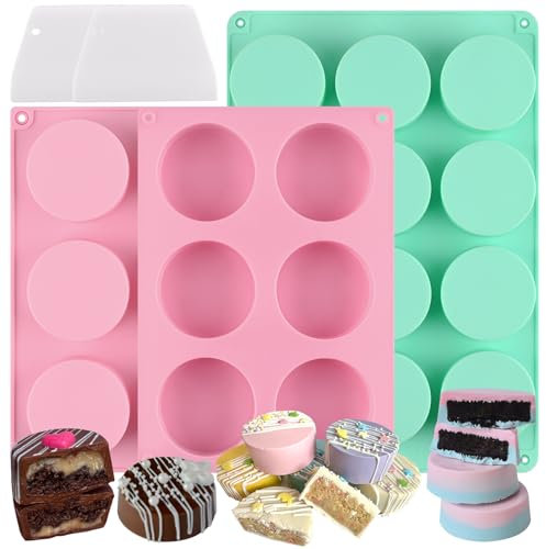 HUAKENER Cake Puck Mold Set 2 Different Sizes, 3 Pack Chocolate Covered Cake Molds with 2 Scraper, Oreo Molds for Chocolate Covered Oreos, DIY Cake Cores
