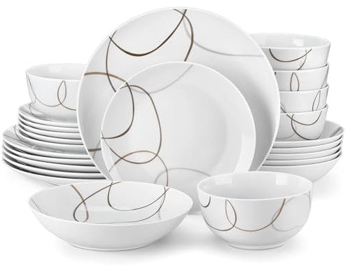 VEWEET Serie NIKITA Vajilla Completa de Porcelana para 6 Personas, 24 Piezzas con Platos Llanos, Platos de Postre, Cuencos para Pasta y Cuencos para Cereal, Blanco Neutro con Líneas Marrones, Redondo